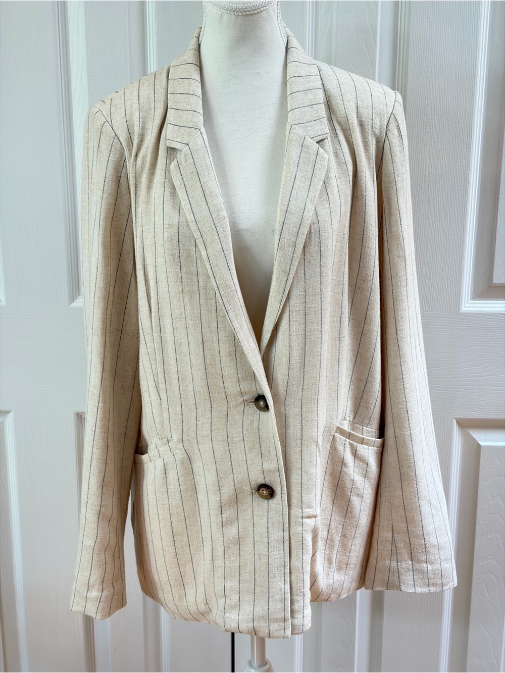 Z Label Flax Color Livingstone Pinstripe Linen Blend Blazer Size L